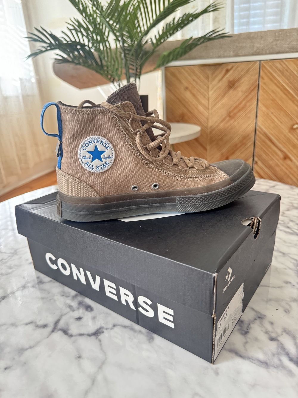 Converse Kids High Top Sneakers in Brown with Blue Heel Tab